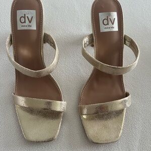 Dolce Vita Gold Metallic Two-Strap Square Toe Slide Heels